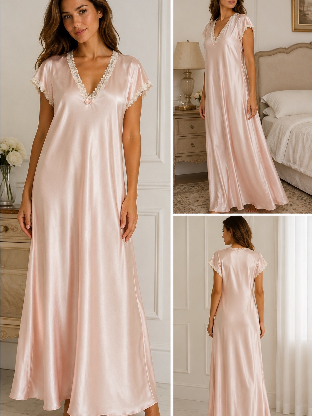 Vintage Oscar de la Renta Pink Satin Lace Maxi Nightgown Dress M EUC